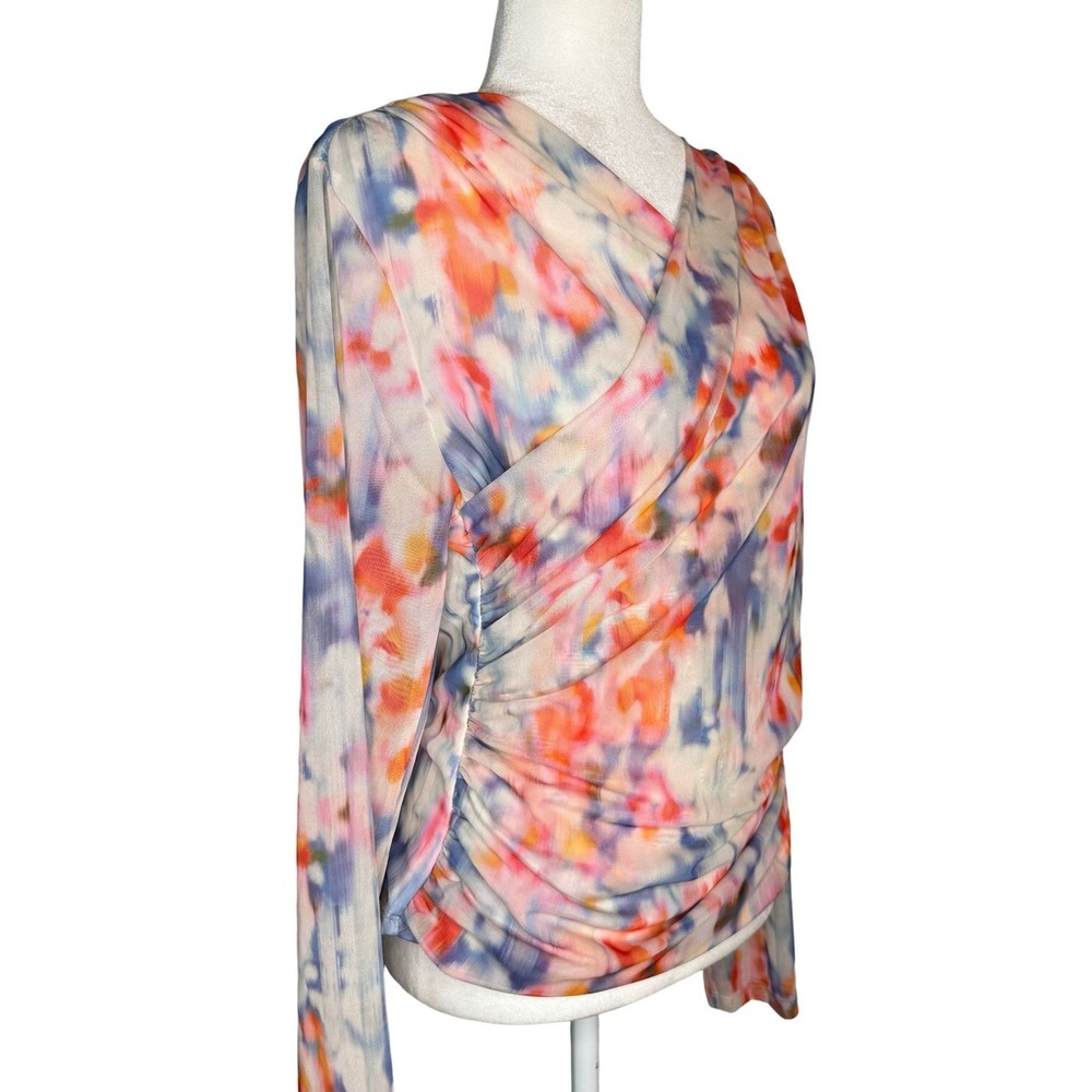 Anthropologie Mesh Crossover Long Sleeve Blouse Watercolor Large Semi Sheer - Picture 4 of 11